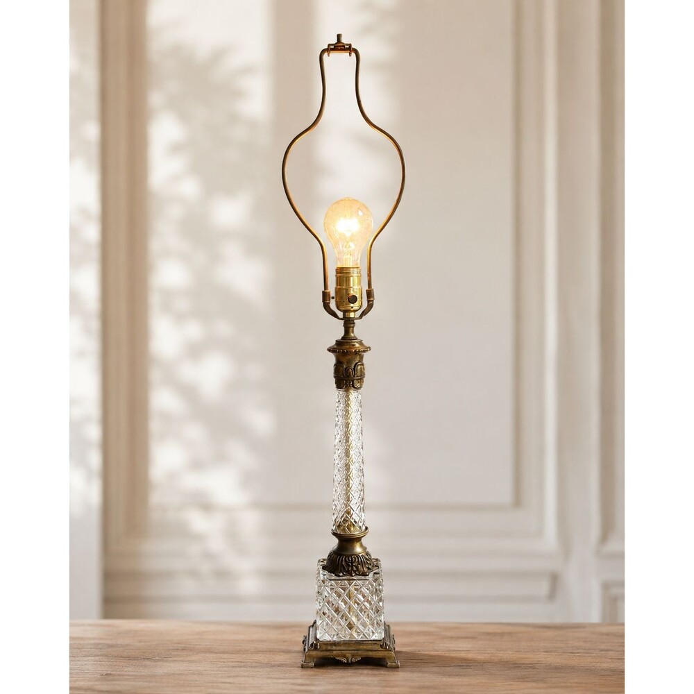 Vintage Cut Glass Column Table Lamp Ornate Brass Hollywood Regency Works